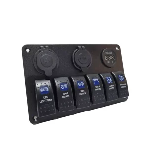 پنل 3 تایی توکار ولتمتر- شارژر USB – خروجی 12 ولت فندکی +صفحه کلیدکلنگی 6 تایی با نور پس زمینه قرمز و آبی