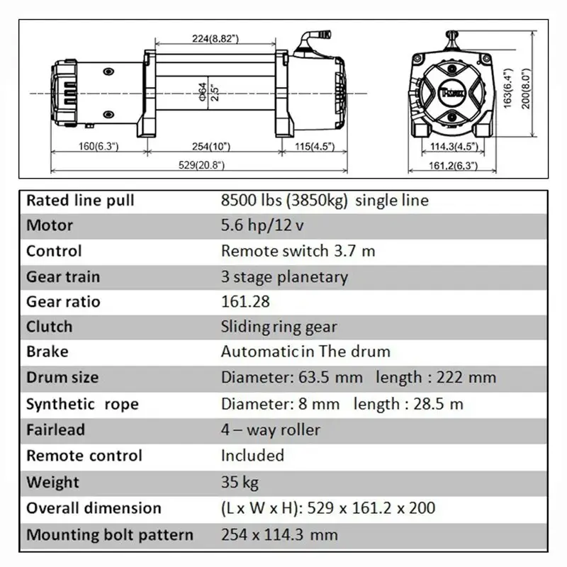 اطلاعات فنی وینچ خودرویی8500 پوند تی مکس