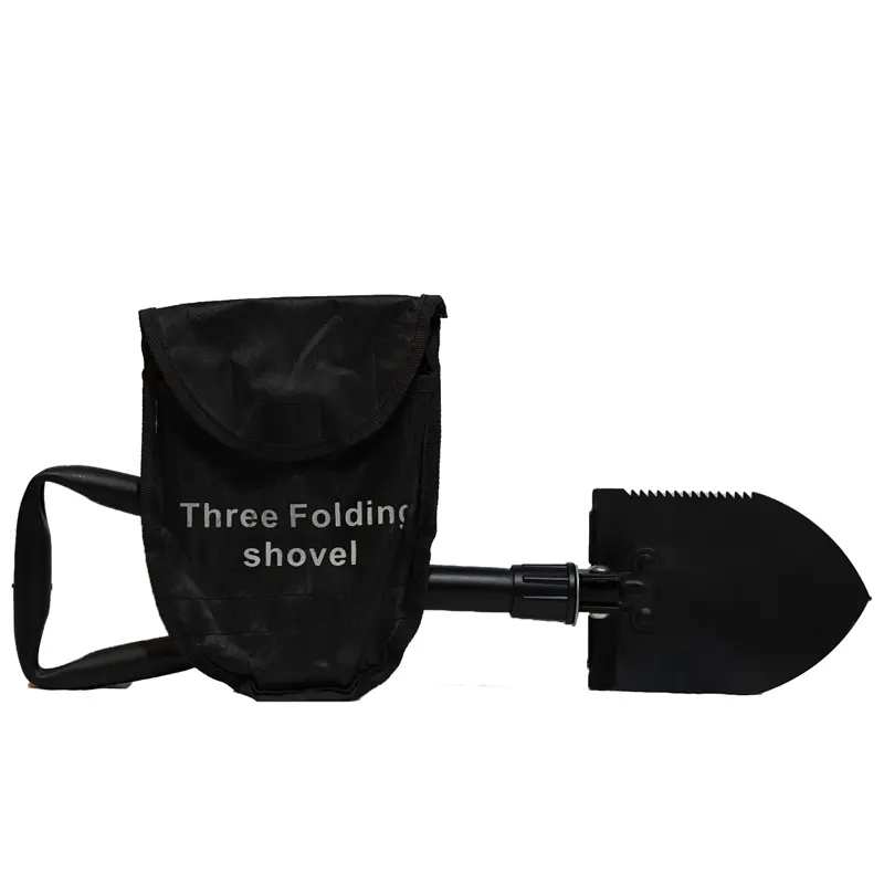 بیل تاکتیکال آهنی با دسته مثلثی در کنار کیف حمل